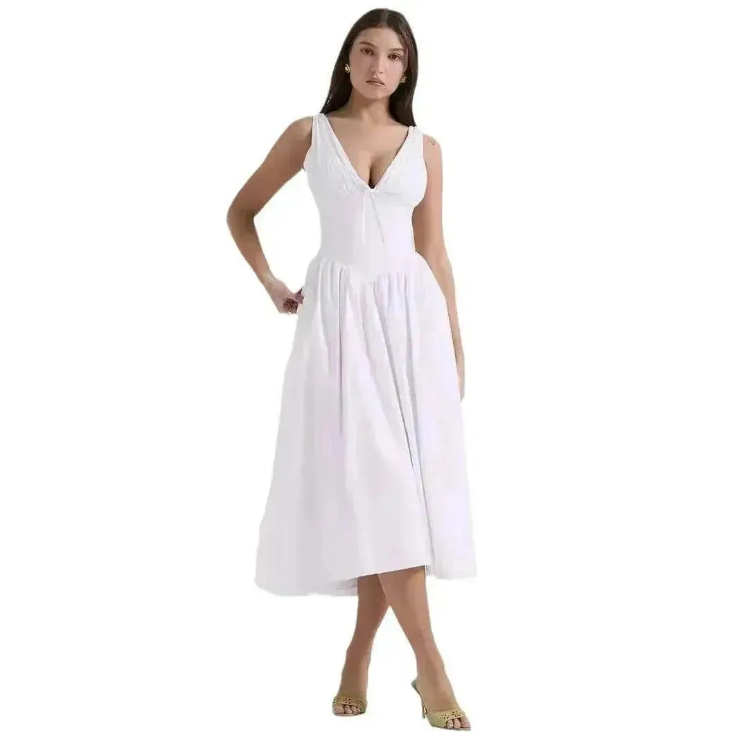 Women's Summer French Seaside Vacation Waist-tight Temperament Midi Skater Dress Linen-Blend