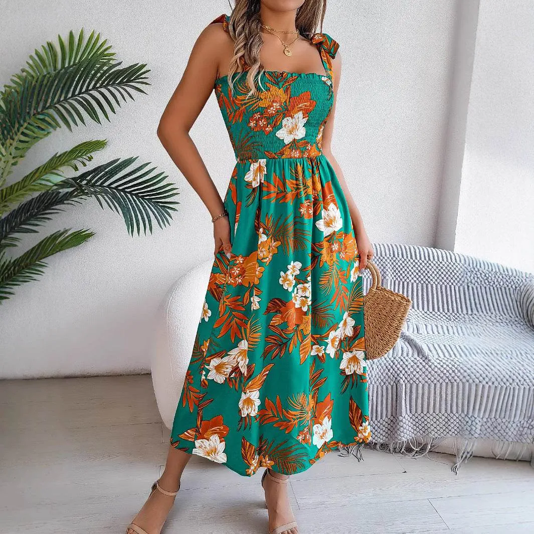Flowers Print Suspender Corset Dress Ins Fashion Holiday Beach Long Dresses Summer Clothing For Women Light Drape