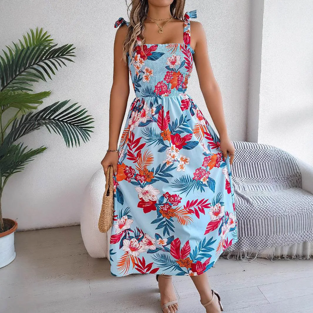 Flowers Print Suspender Corset Dress Ins Fashion Holiday Beach Long Dresses Summer Clothing For Women Casual Chic