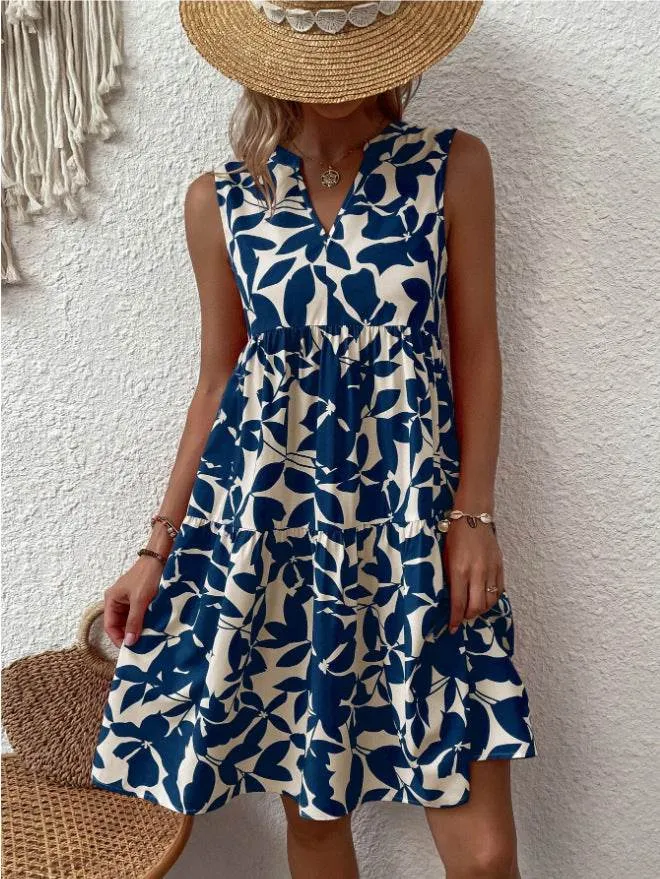 Bohemian Dresses Summer Beach Fashion Loose V-neck Pleated Print Sleeveless Dress For Women classic waist Daily Flex