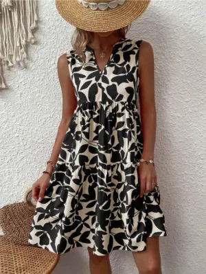 Bohemian Dresses Summer Beach Fashion Loose V-neck Pleated Print Sleeveless Dress For Women Petite-Size