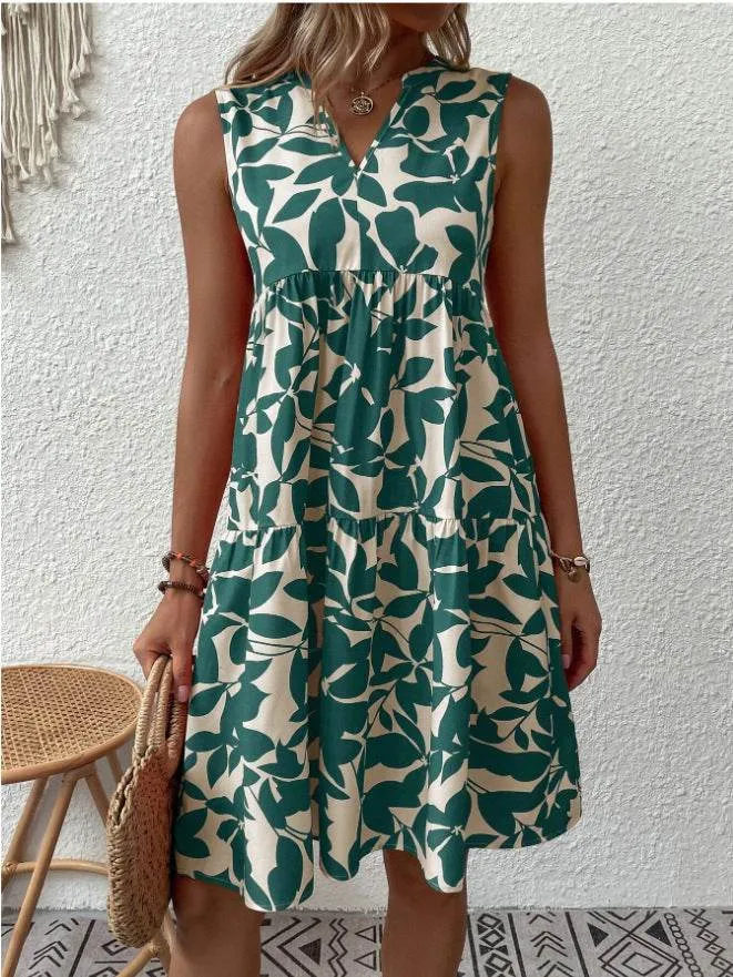 Bohemian Dresses Summer Beach Fashion Loose V-neck Pleated Print Sleeveless Dress For Women Pure Stitch Trendy Silhouette