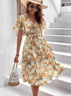 Subtle Glow Women Bohemian Spring Short sleeve Casual flowy V-neck Tie belt Floral Summer Midi Dress