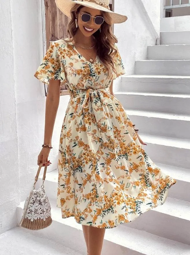 Women Bohemian Spring Short sleeve Casual flowy V-neck Tie belt Floral Summer Midi Dress Tiered Skirt