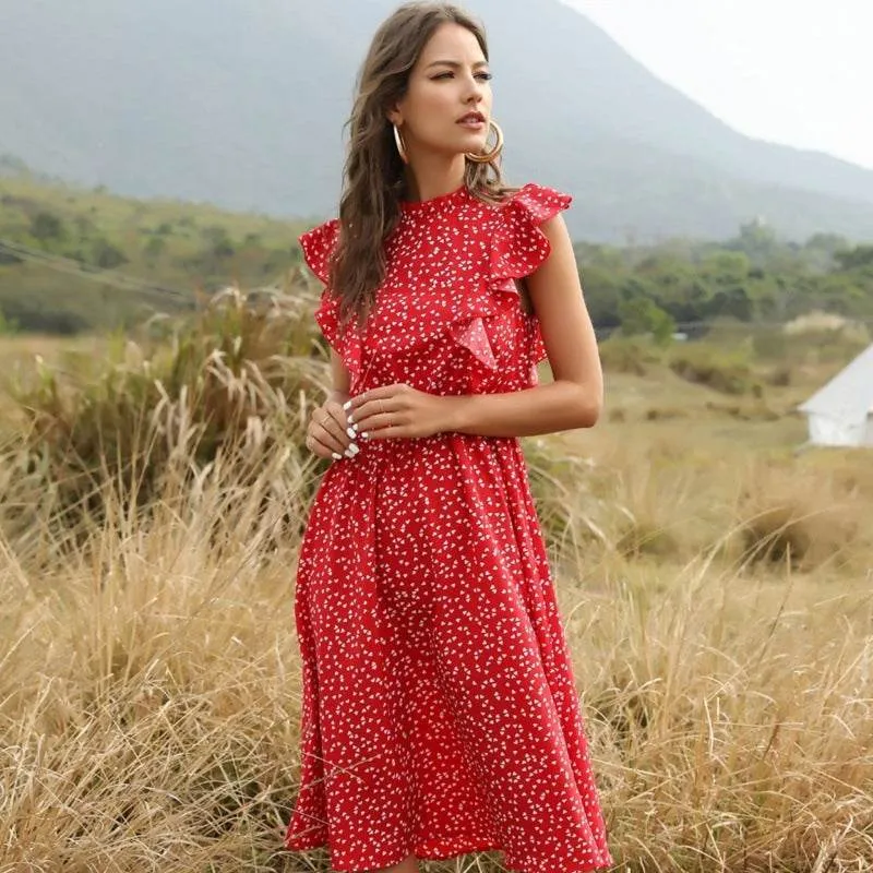 Fresh Glow Geometric-pattern Polka dot Chiffon Ruffled Summer midi dress