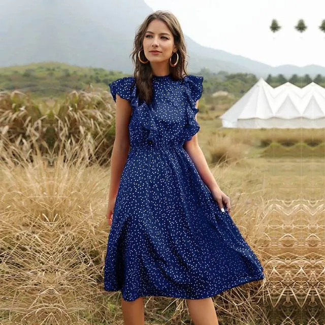 Polka dot Chiffon Ruffled Summer midi dress Flare Breeze