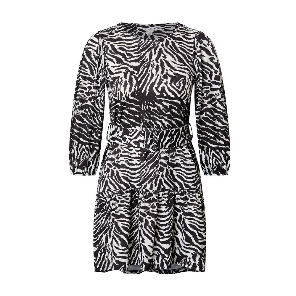 Women's Belted Printed Ruffle Hem Dress,Black/White Easy Elegance Birthday-Celebration