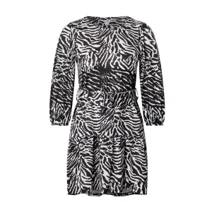 Women's Belted Printed Ruffle Hem Dress,Black/White Easy Elegance Birthday-Celebration