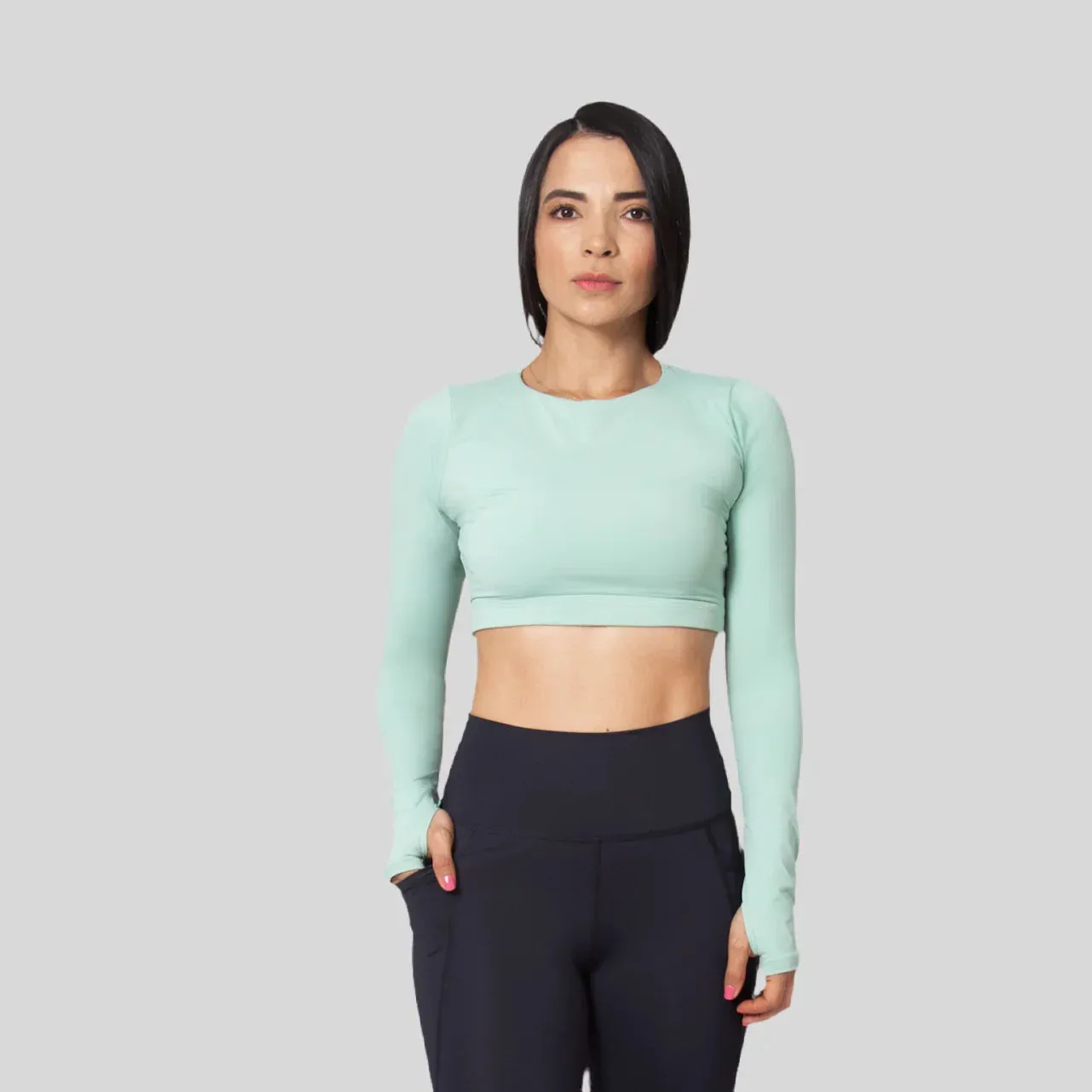 Neutral Colors Crop top deportivo manga larga con agujero para el dedo