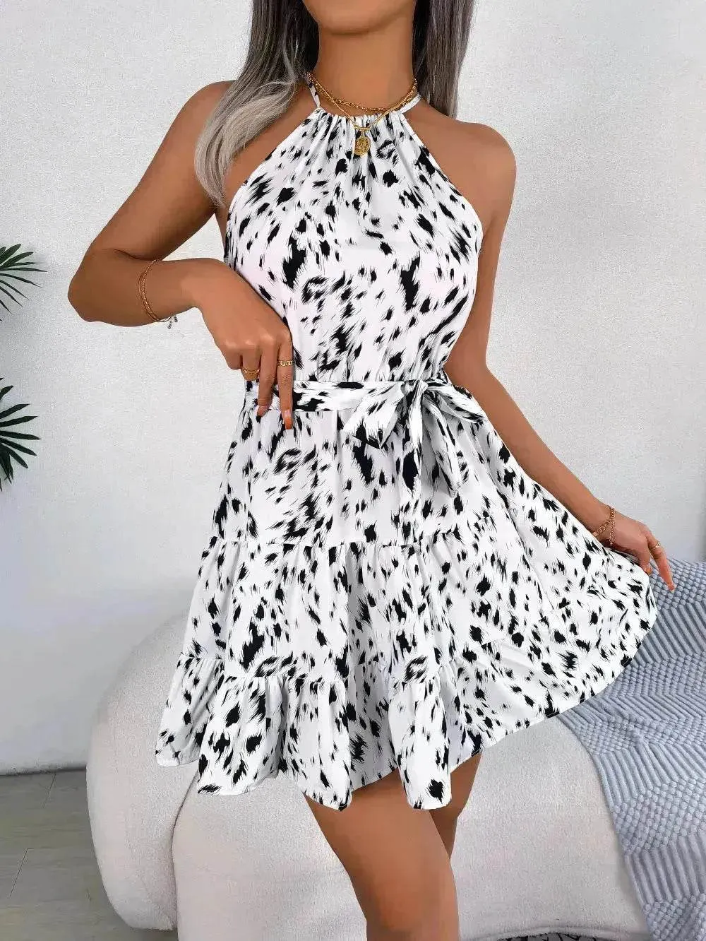 Casual Leopard Print Ruffled Swing Dress Summer Fashion Beach Dresses Women Skater Dress for Chic Ladies. Chic Tailoring Pocket-Detail
