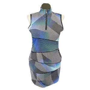 Smart Glide Tail Blue, Navy, Teal & Black Crosshatched Segment Print Dress Size L