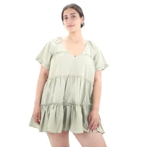 Women's Ruffle Oversize Mini Dress,Light Green Solid-color Bold Elegance