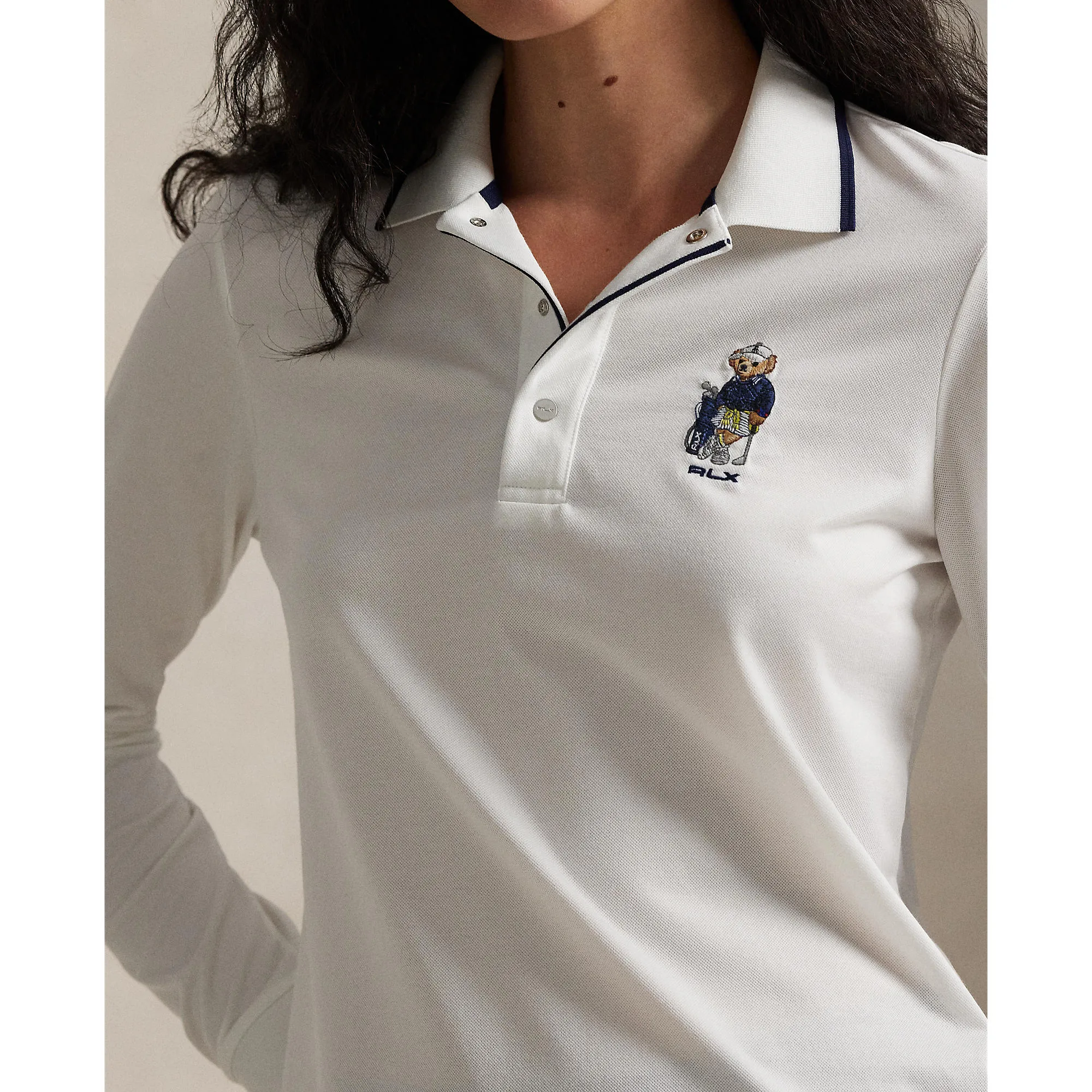 Royal Ease Trendy Fashion RLX Ralph Lauren Women's Tour Pique Bear Long Sleeve Polo - Ceramic White