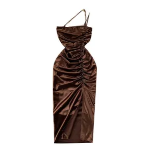 All Wear Elegant Women Sleeveless One shoulder Drawstring Satin Dress for Party, Wedding, Cocktail