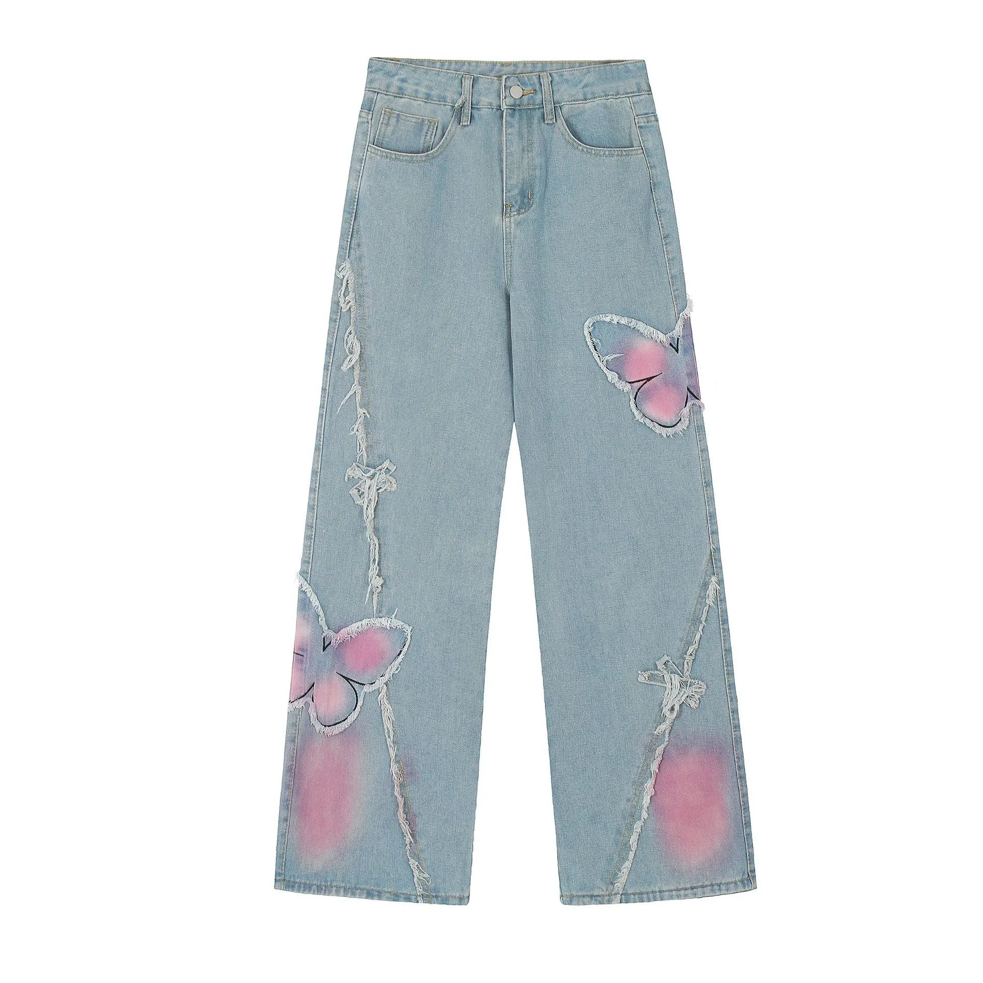 Sweet Cute Butterfly Wash Denim Trousers Soft Tunic