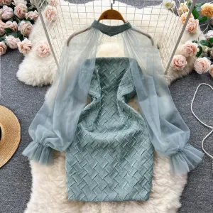 Spring Full Sleeve Solid Mesh Casual Dress Women High Waist Lantern Sleeve Mini A-line Dress Ladies Elegant Casual Chic Elegant holiday wear