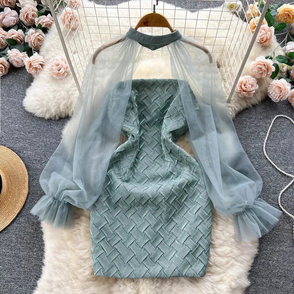 Spring Full Sleeve Solid Mesh Casual Dress Women High Waist Lantern Sleeve Mini A-line Dress Ladies Elegant Cool Texture