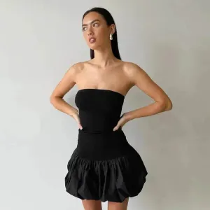 Chic Tube Top Dress Summer Solid Color Pleated Skirt Dress Women Fashion Short Mini Skater Dresses  Evening Party Cocktail Dress for Ladies Comfortable and Chic ComfortFitDesign