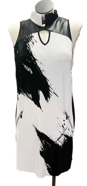 Jamie Sadock White & Black Crinkle Sleeveless Golf Dress Size L. MSP$130 Happy Soul Quick Glam