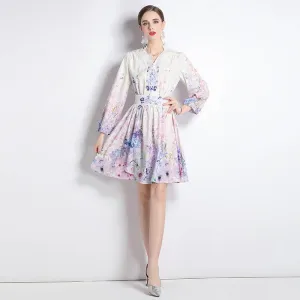 Elegant V-neck Vintage Floral Print Long Sleeves Dress Spring Quick Layer Chill Lines