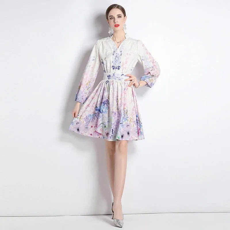 Smooth Texture Velvet-Sleeve Elegant V-neck Vintage Floral Print Long Sleeves Dress Spring