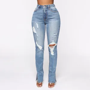 Split Jeans Women's, Blue Water Washed Hole High Waist Tagless Design
