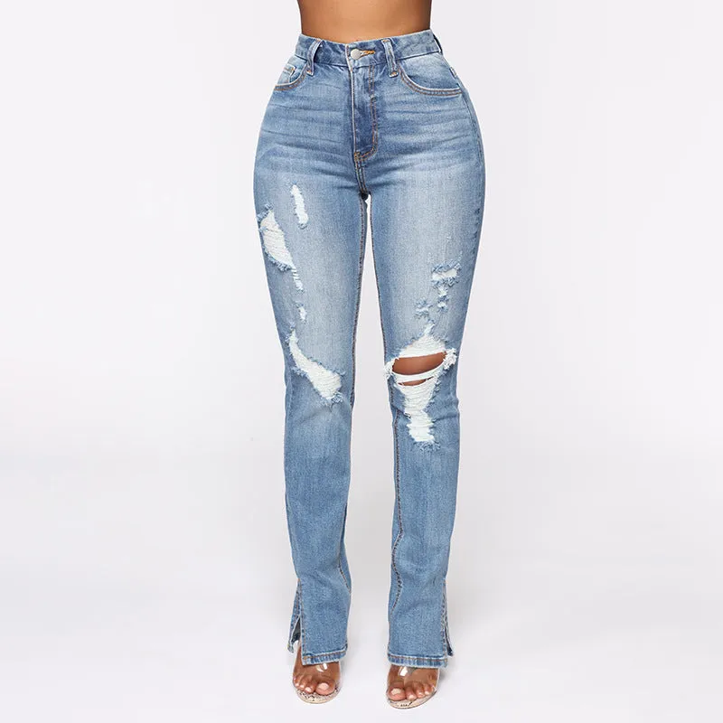 ReinforcedHems Split Jeans Women's, Blue Water Washed Hole High Waist