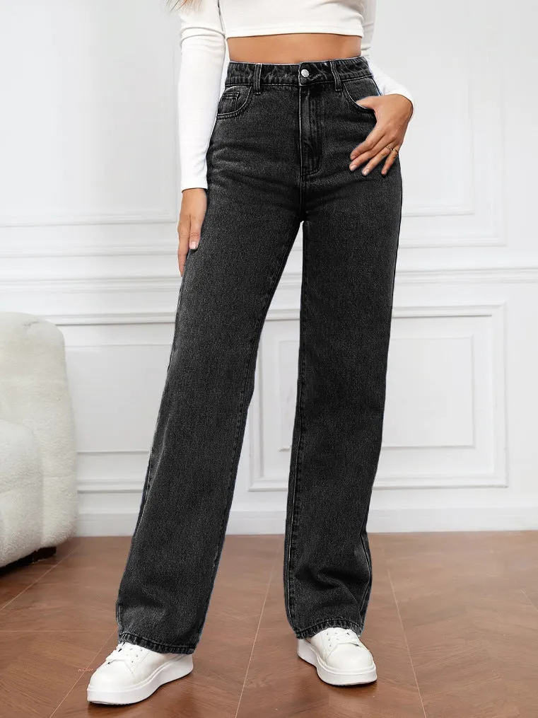 Warm Sweater Easy Fashion High Waist Straight-leg Denim Trousers Women's Washed Light Color