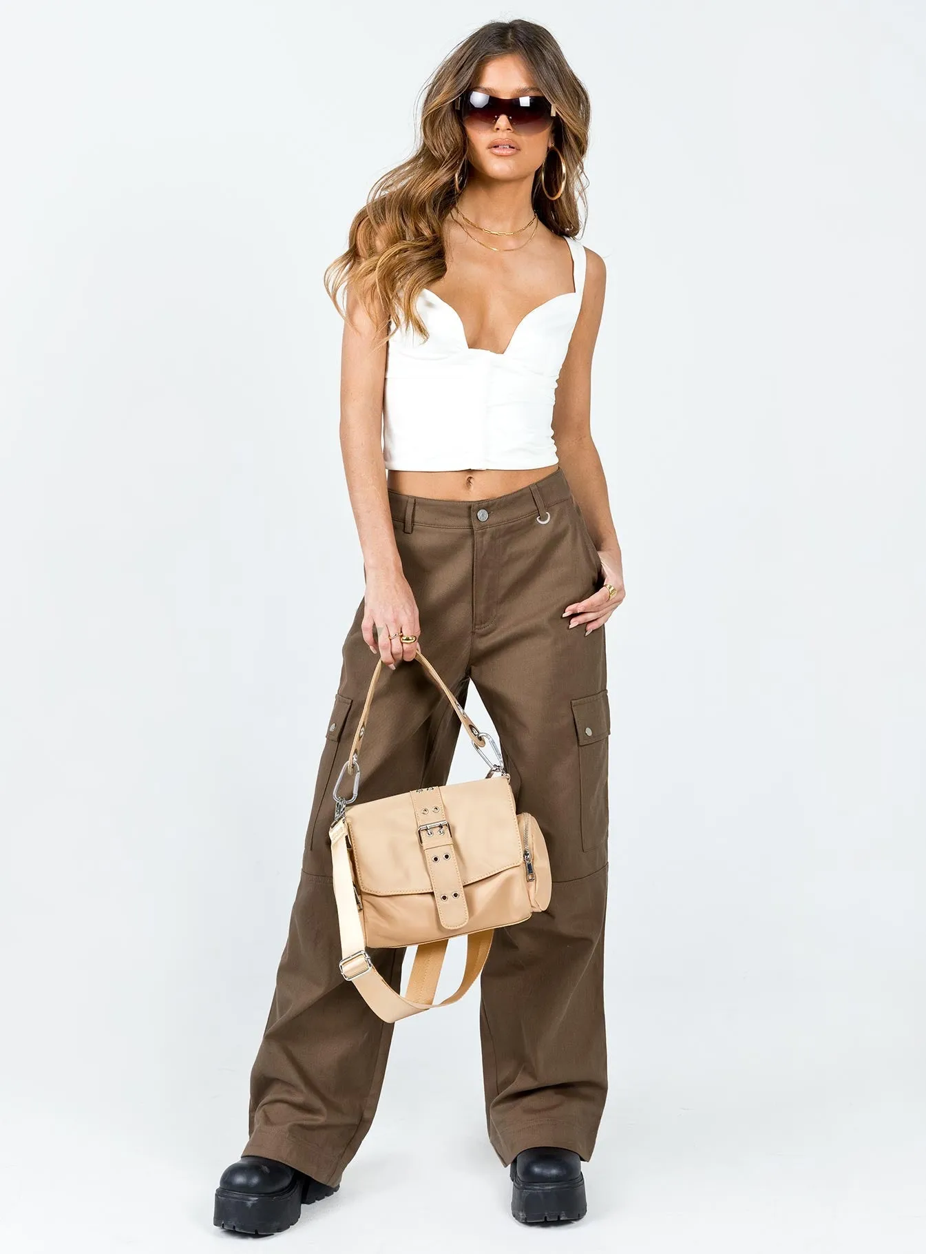 Perfect Layer Simple Cut Fallout Mid Rise Cargo Pants Brown