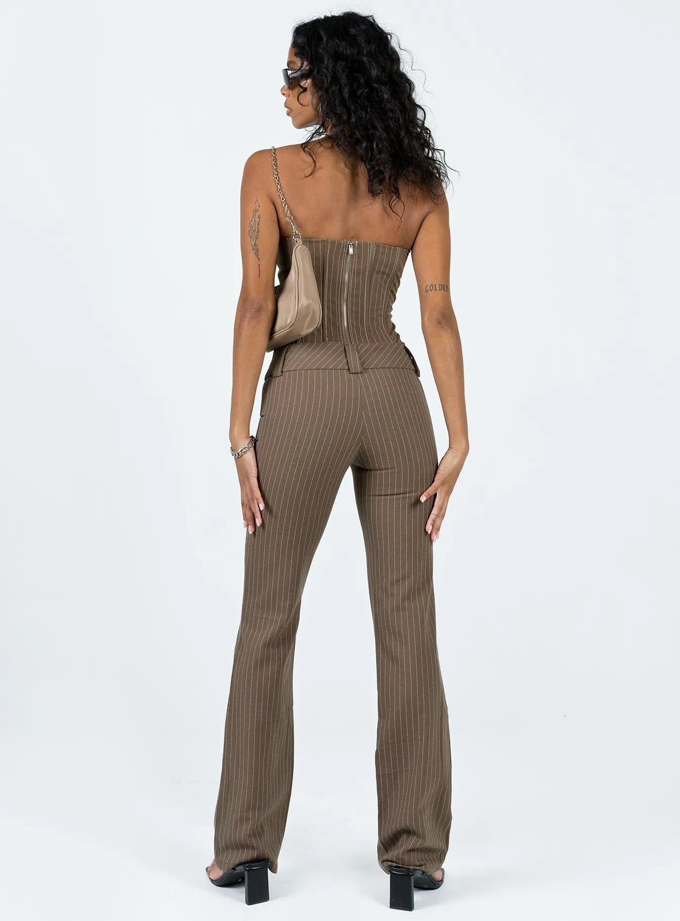 Motel Navida Trouser Pinstripe Brown wrinkle free