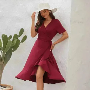 Clean Outfit 2025 Summer Solid Color Long Short Sleeve V-neck High Waist Tied Midi  Dress