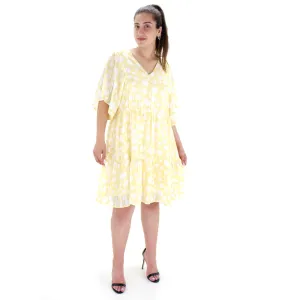 Women's V-Neck Printed Chiffon Dress,Yellow Kind Light