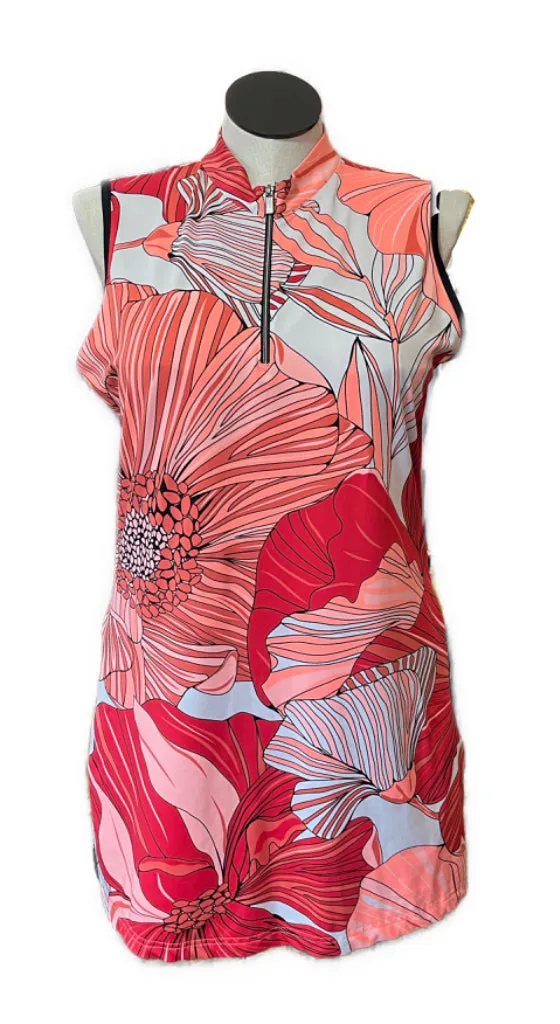 Timeless Comfort Sharp Look Tail Coral & Red Floral Zip Mock Sleeveless Golf Dress Size XL MSP$110