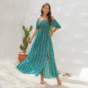 DoubleLayeredMaterial Elegant Off shoulder Spring Summer Maxi dress Slit Chiffon maxi dress for Beach vacation resort travel