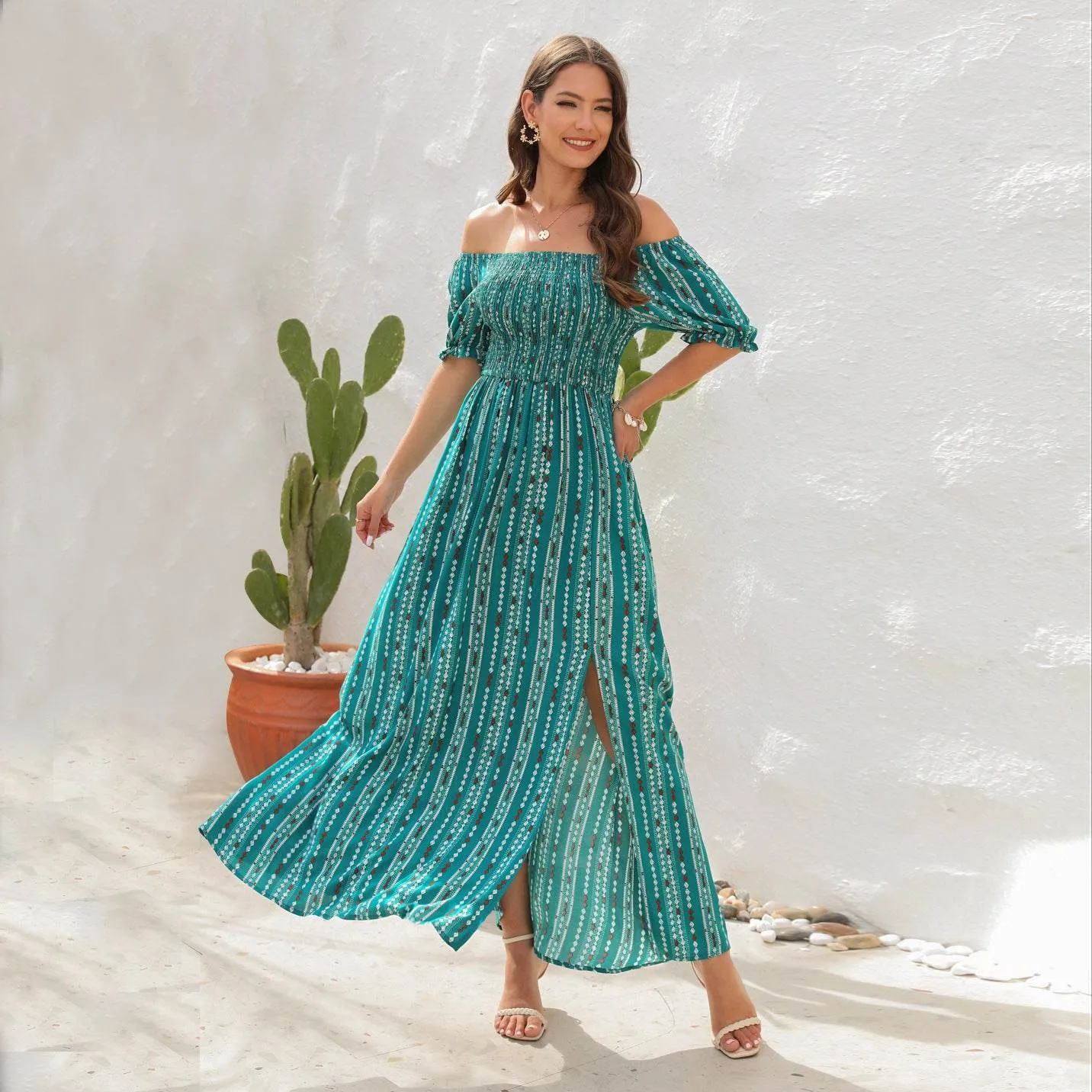 Versatile Layers All Time Fit Elegant Off shoulder Spring Summer Maxi dress Slit Chiffon maxi dress for Beach vacation resort travel