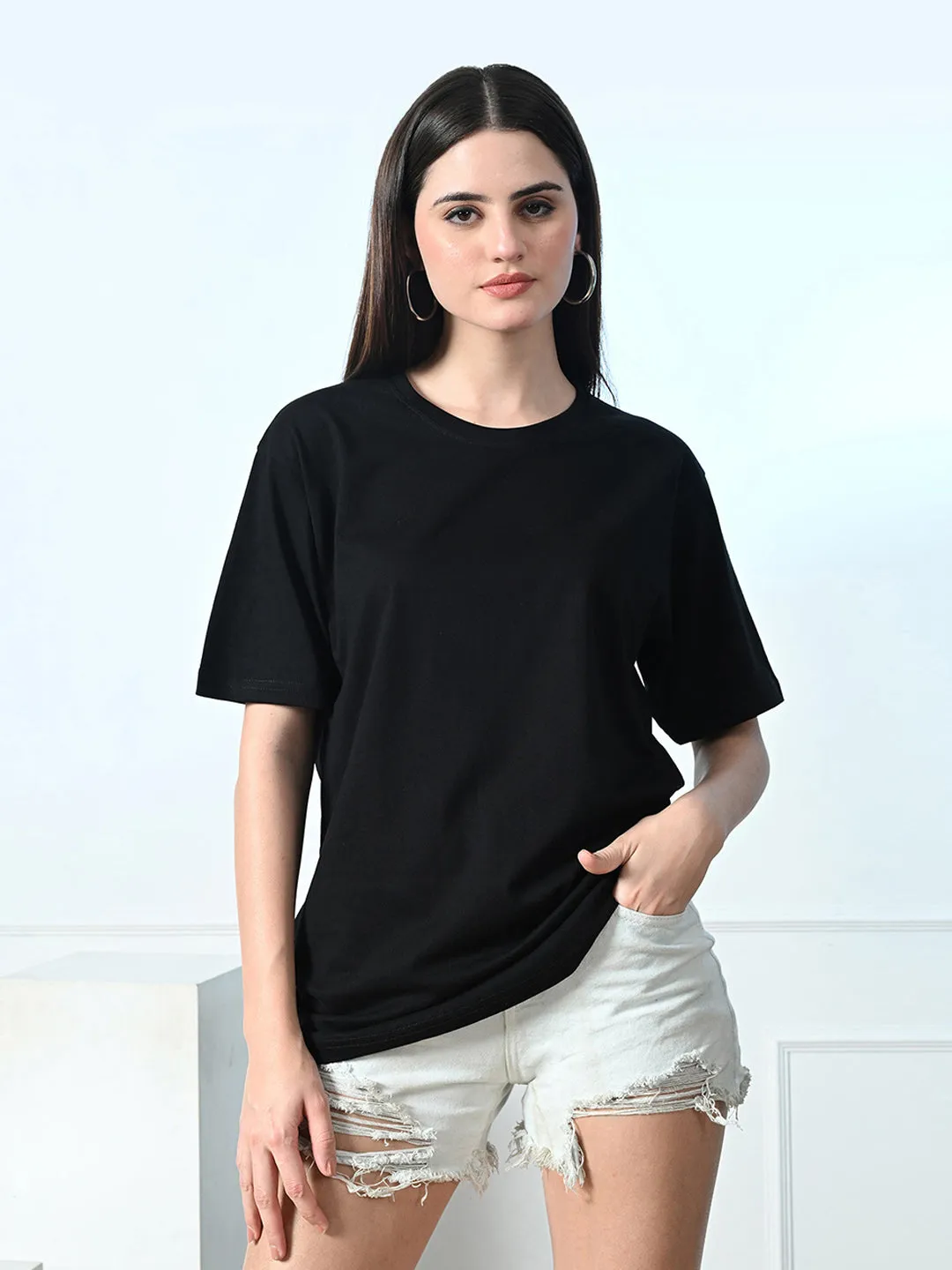 Light Casual Holiday Outfit Timeless 100% Cotton Solid T-shirt - Black