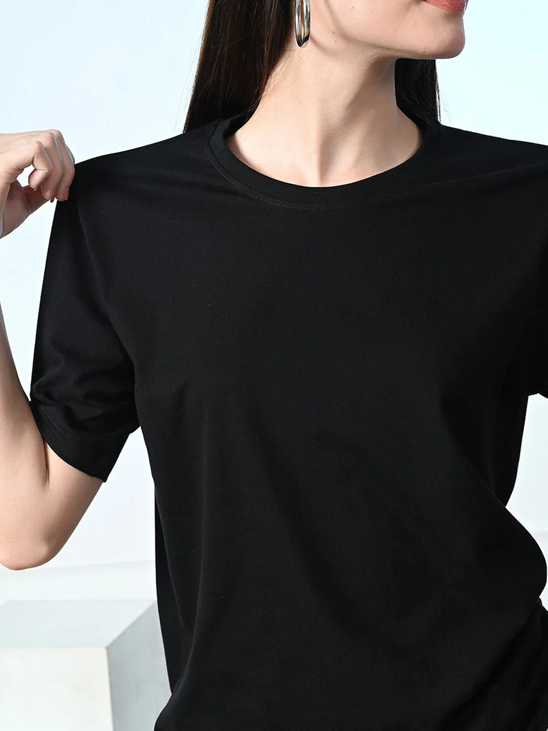 Timeless 100% Cotton Solid T-shirt - Black Non Toxic Printing Wide Neck Opening