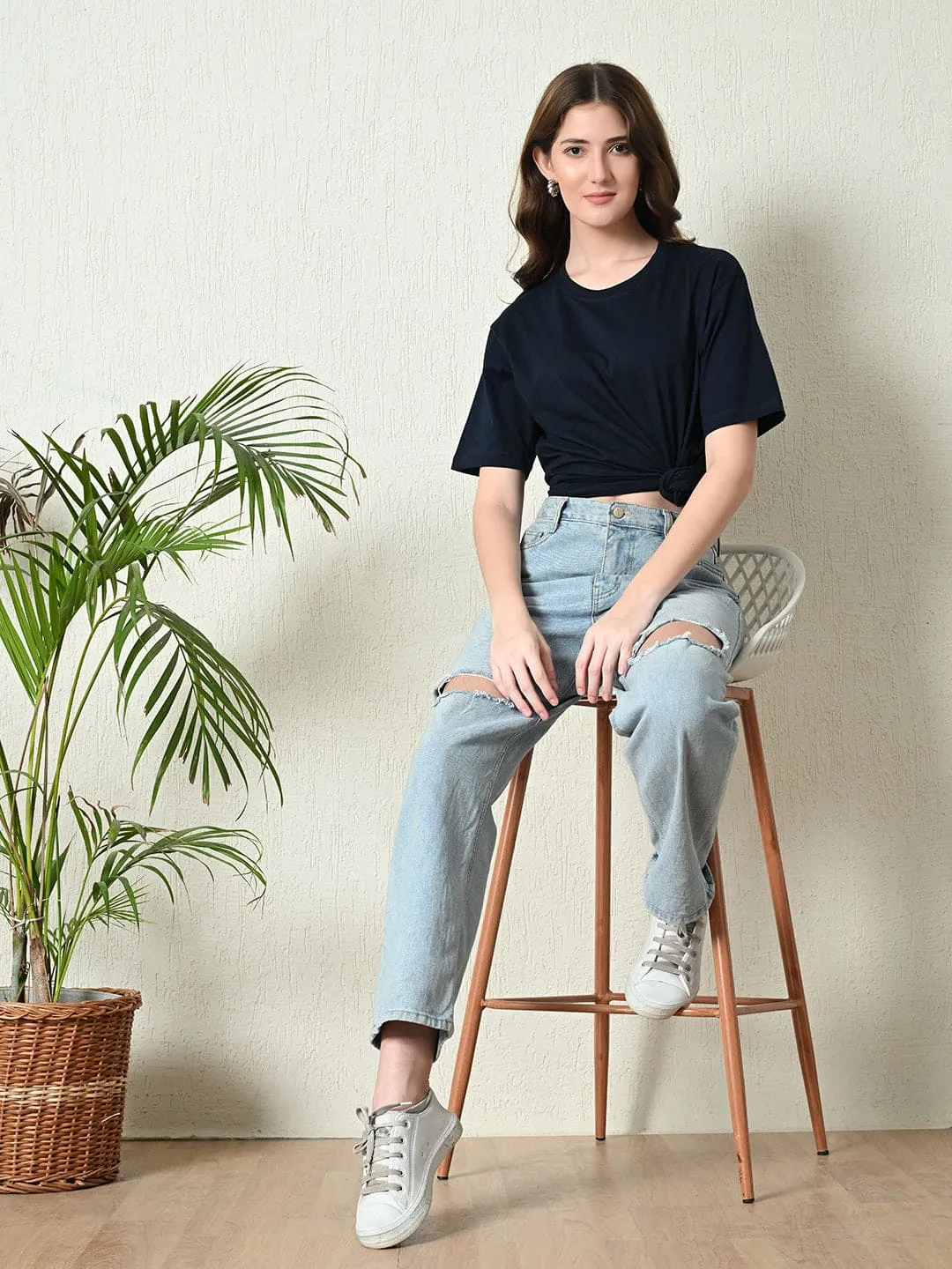 Timeless 100% Cotton Solid T-shirt - Navy Blue Outdoor Leisure Look