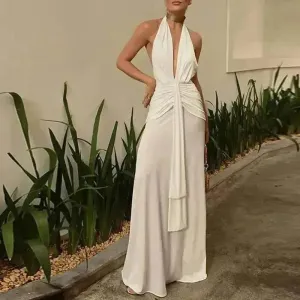Women Summer Backless  Sleeveless Hanging Neck Pleated White Dress MoistureWickingTechnology Quiet Glow