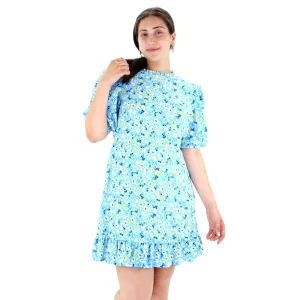 Women's Floral Ruffle Hem Short Dress,Blue Soft fabric piece