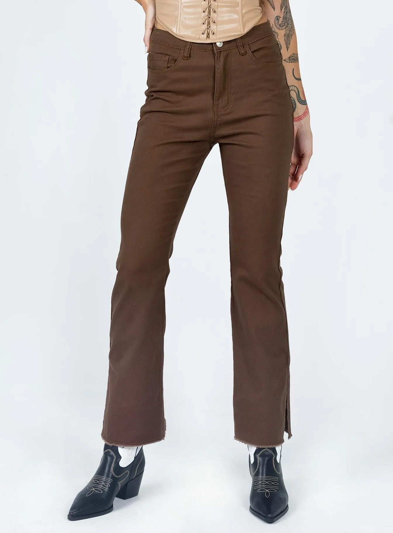 Aalia Wide Leg Denim Jeans Brown FunctionalZipper Cozy Fit