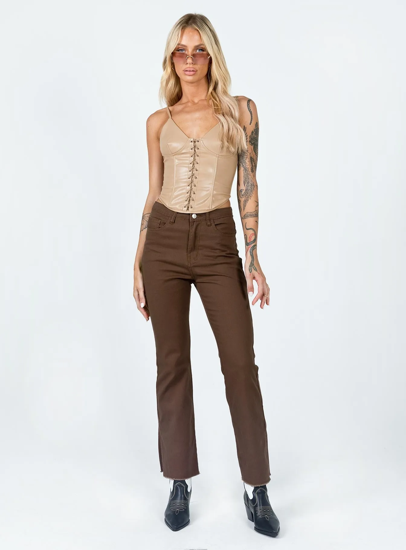 Chilly Day Ready Versatile staple Aalia Wide Leg Denim Jeans Brown