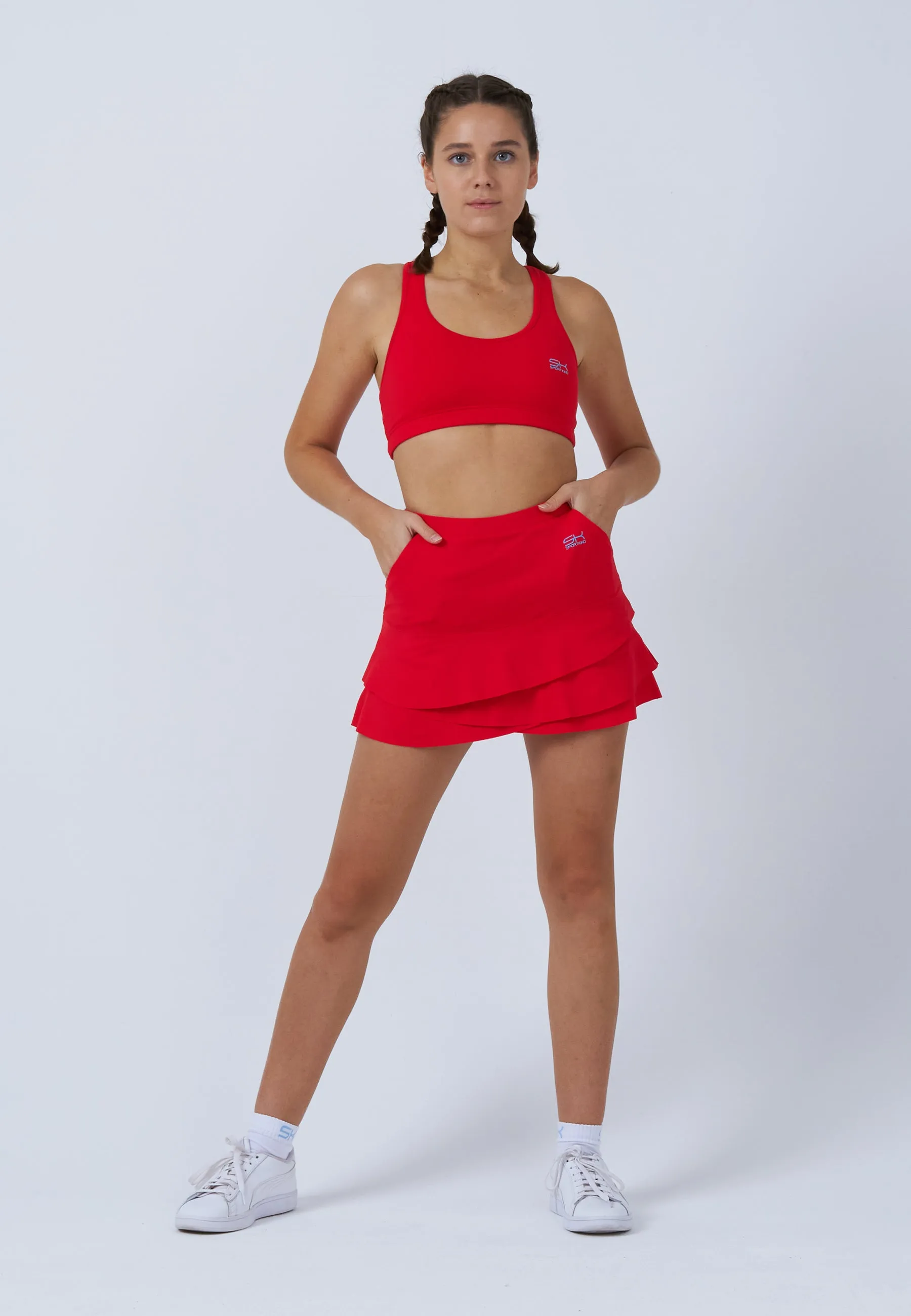 Diagonal Slit Sustainable Fabric Tulip Tennis Skort with pockets, red