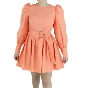 Women's Puff Sleeve Belted Dress,Coral All Daywear Easy Fit