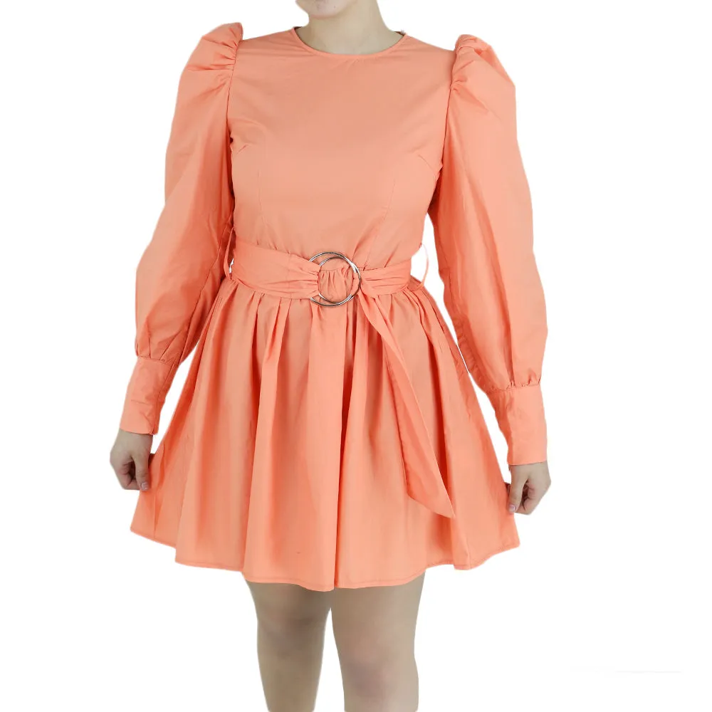Flattering Comfort Wear Church Scene Women's Puff Sleeve Belted Dress,Coral