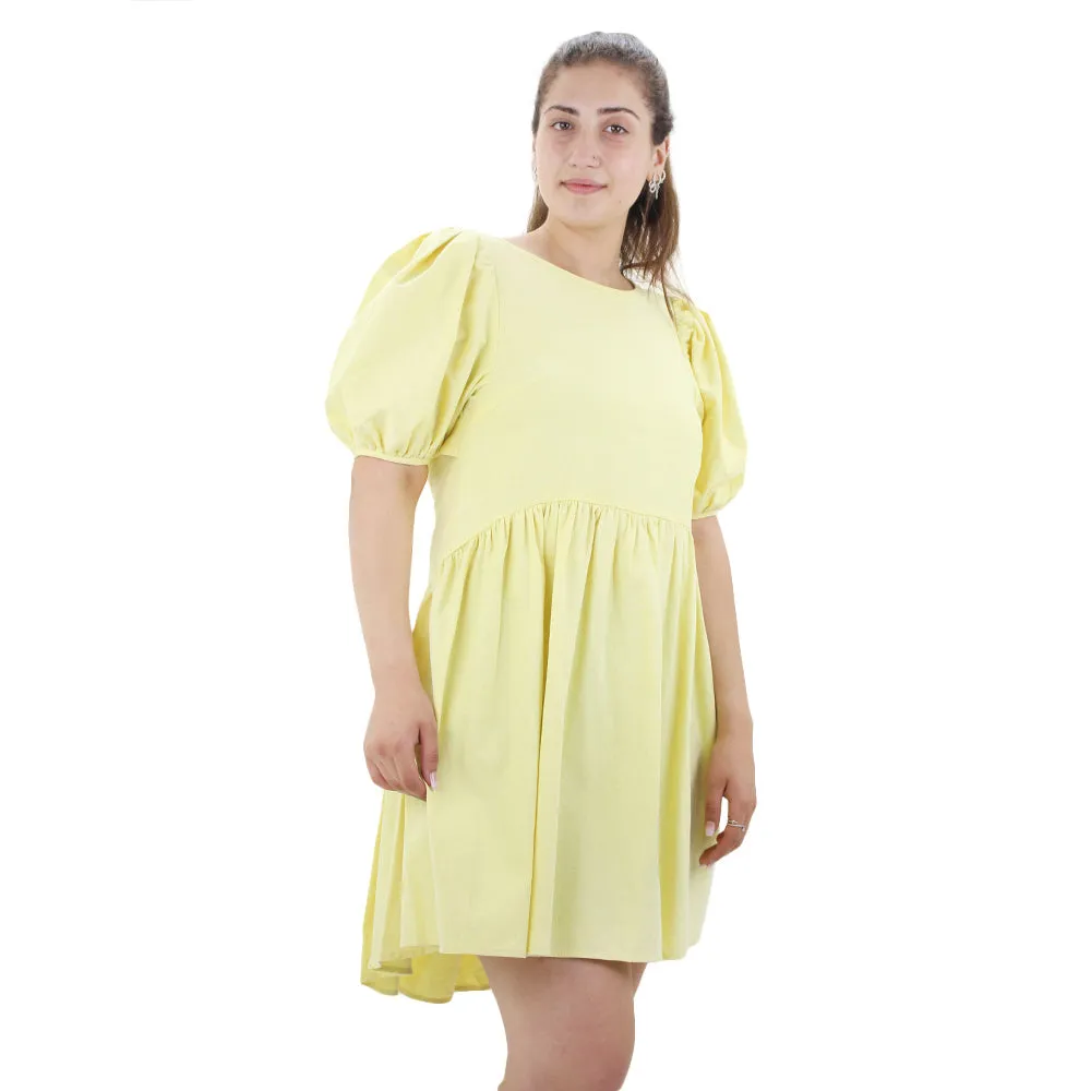 Women's Open Back Puff Sleeve Solid Dress,Yellow Fit For All Crisp Look