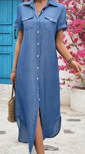 Women Summer Denim-Look Longline Shirt Dress Pure Elegance Clean Edge