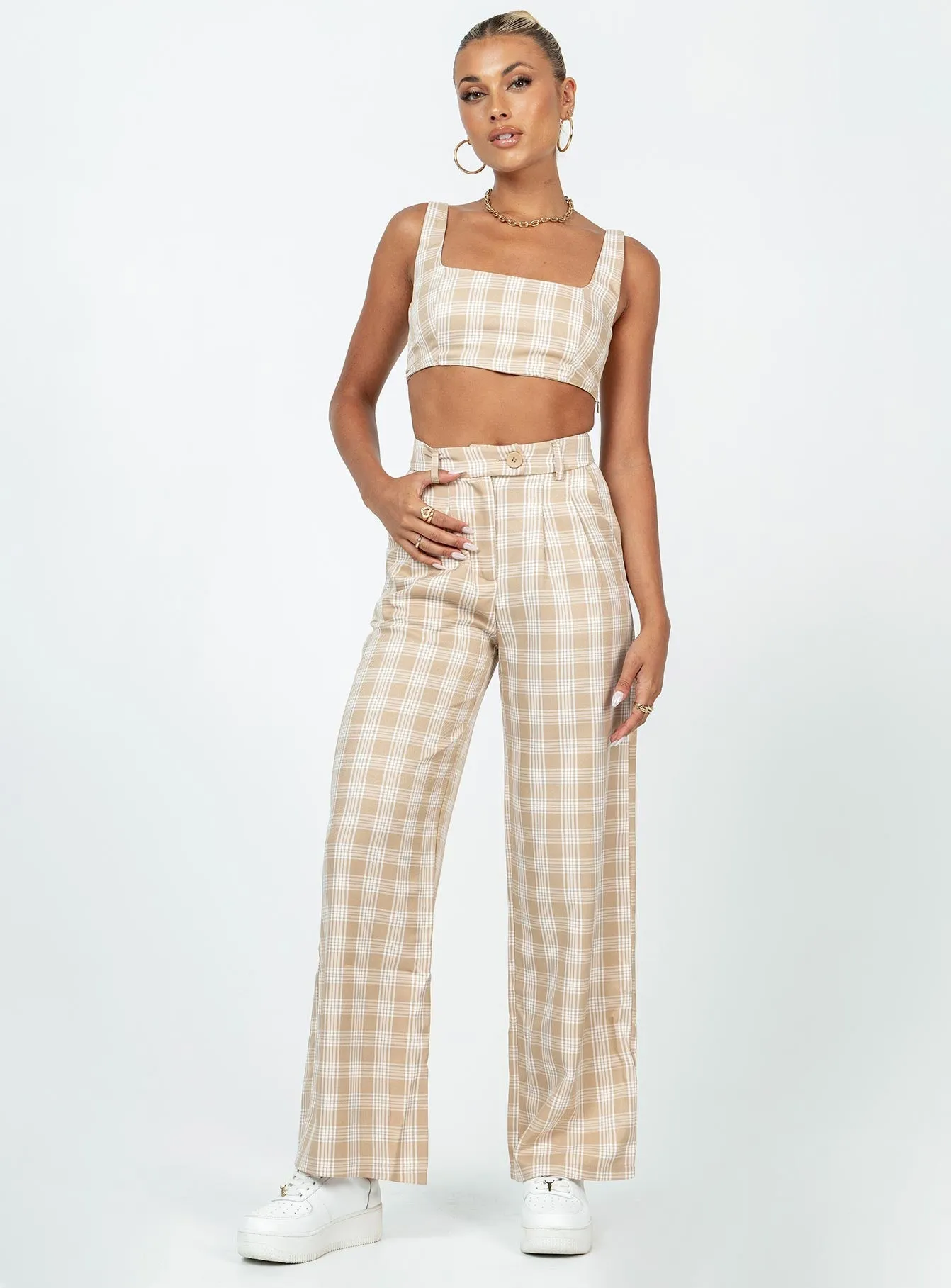 Huxley Set Beige Check Breathable Waist Casual Design