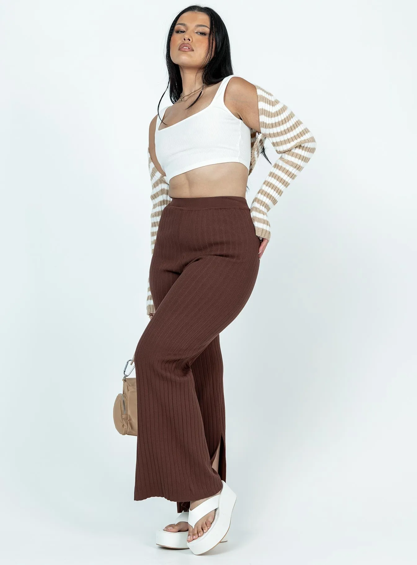 High Waist Sport Ready Allen Ribbed Pants Brown