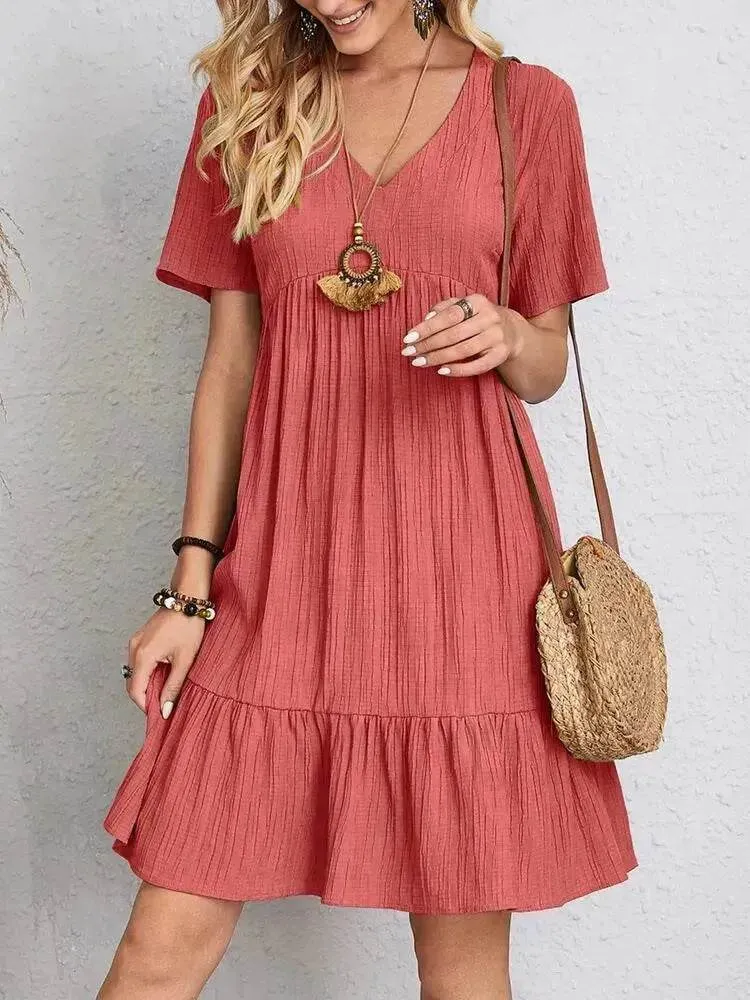 Summer Beach  V-neck Dresses Women's Loose Casual Short-sleeved Loose Skater Dress for Chic Ladies Cool Elegance Ribbed-Texture